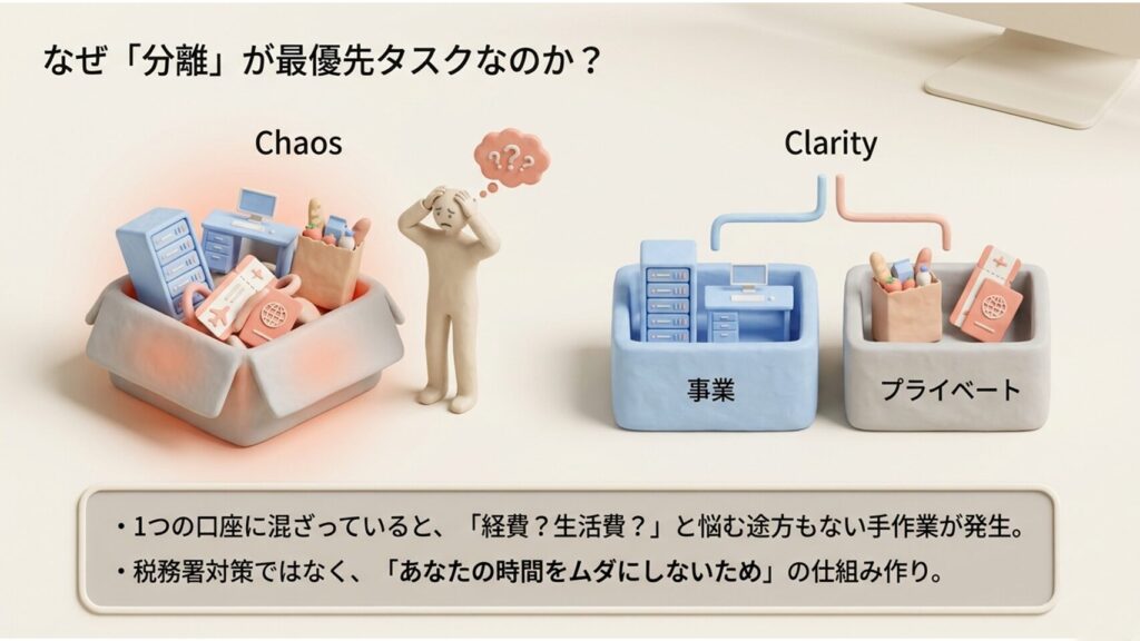 図解:事業用口座とカードを分離することで経理作業の無駄な手作業(カオス状態)をなくす理由