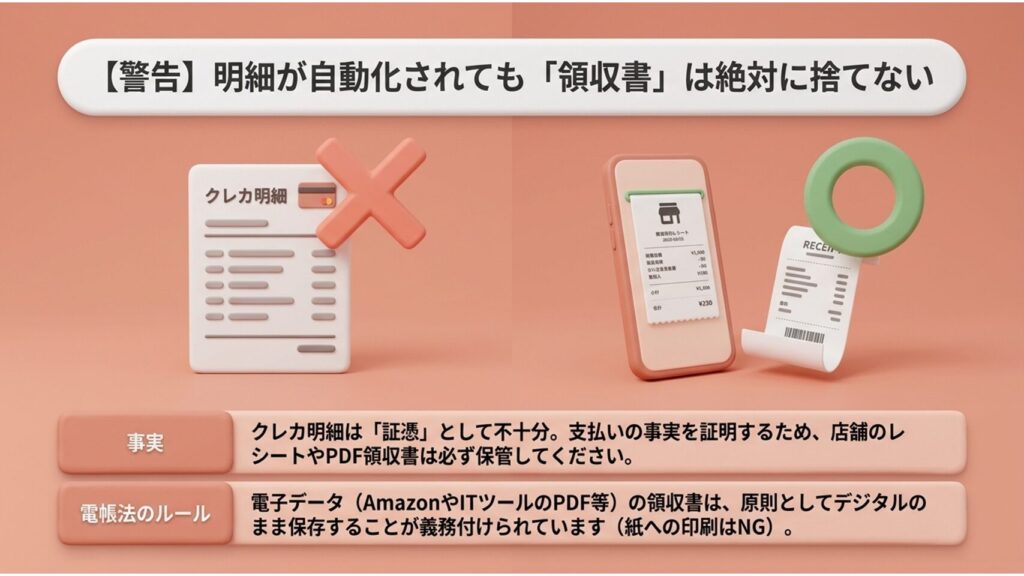 図解:クレジットカード明細だけでなく店舗のレシートや電子データ領収書の保存が義務であることの解説