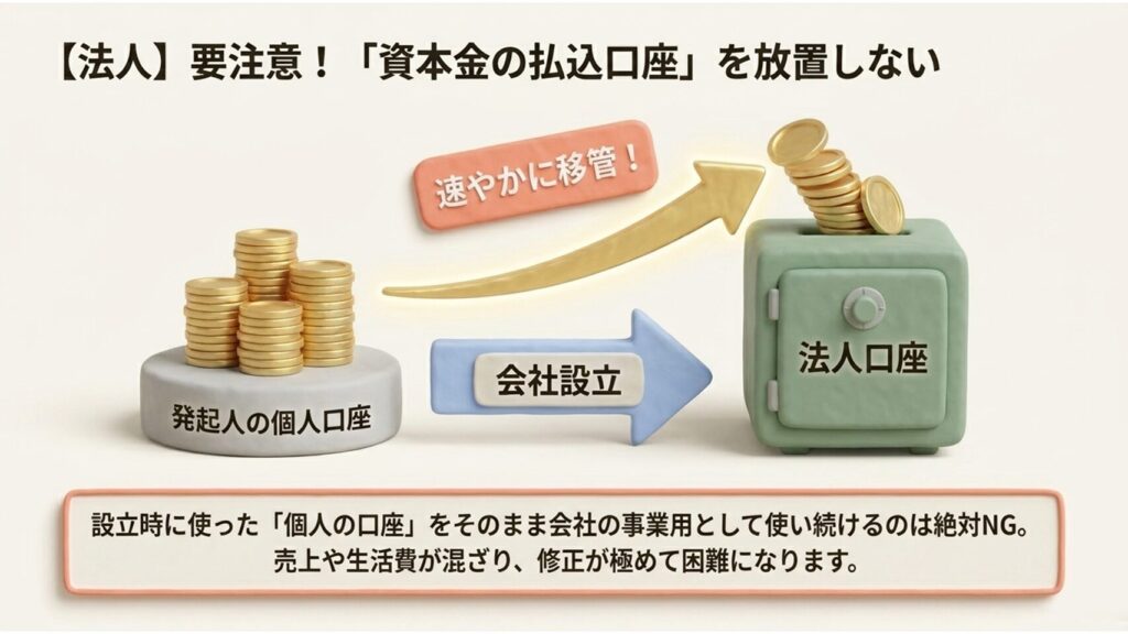 図解:法人の設立時に使った発起人の個人口座を放置せず、速やかに法人口座へ資本金を移管すべき理由