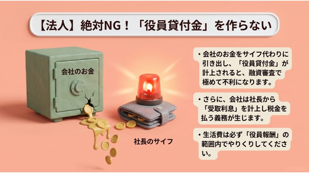 図解:法人の口座から社長が生活費等を引き出すと「役員貸付金」となり融資審査等で不利になるリスクの解説