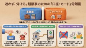 事業用とプライベート用の箱を分け、口座・カード分離による経理の自動化や領収書保管の重要性を解説したイメージ