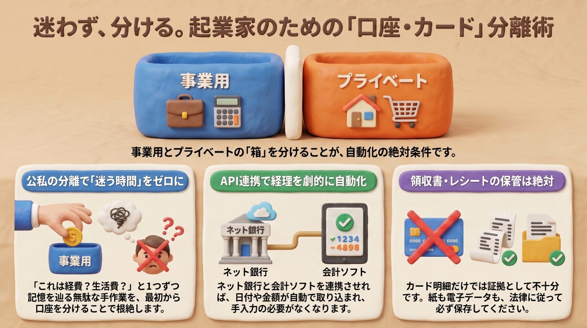 事業用とプライベート用の箱を分け、口座・カード分離による経理の自動化や領収書保管の重要性を解説したイメージ