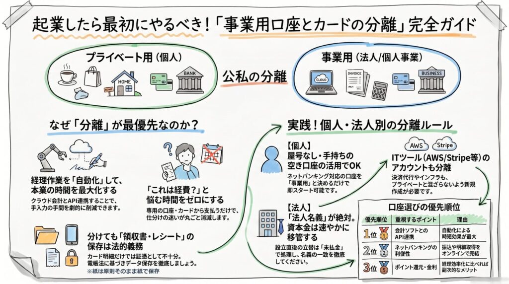 個人と法人の口座・カード分離ルールや、AWS・StripeなどITツールの分離、口座選びの優先順位をホワイトボード風に解説した図解