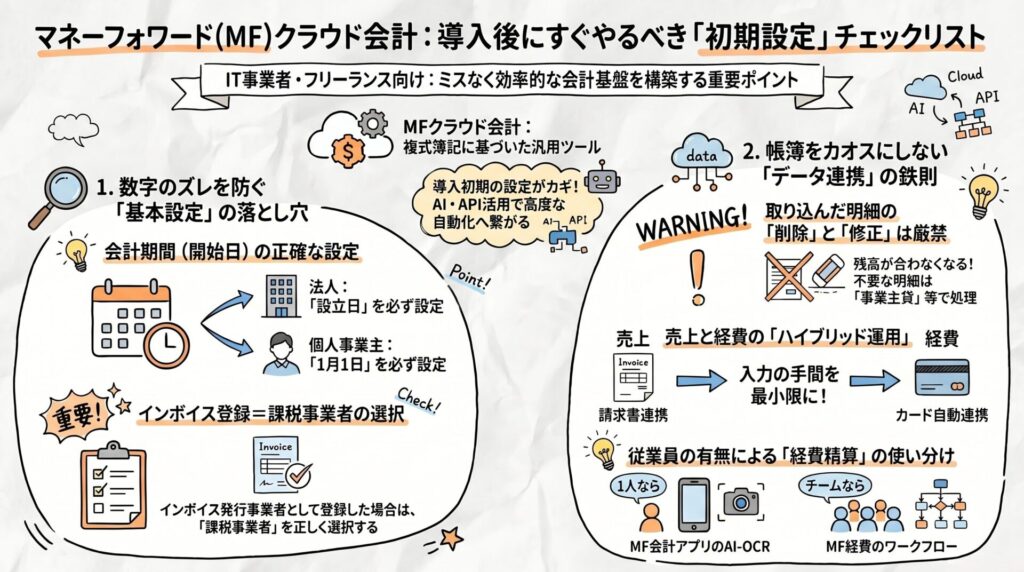 基本設定の注意点やデータ連携の鉄則、経費精算の使い分けなど、マネーフォワード(MF)クラウド会計導入後にやるべき初期設定をホワイトボード風に解説した図解