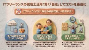 クラウド会計の活用やプロとの仕組み作り、節目での分岐点のイメージを用い、ITフリーランスに毎月の税理士顧問が不要な理由とスポット相談の活用法を解説した図解