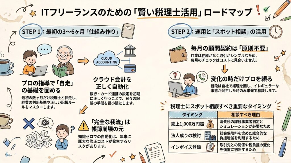 経理の仕組み作りやクラウド会計の自動化、税理士にスポット相談すべきタイミングなど、ITフリーランスの賢い税理士活用ロードマップを手書きノート風に解説した図解