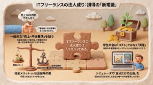 法人成りを複雑なパズルや税金と社会保険の天秤に見立て、ITフリーランスがシミュレータを活用して適正な法人化のタイミングを見極める重要性を表現したイメージ