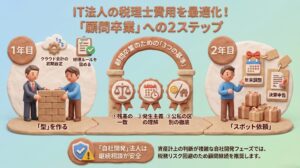IT法人の税理士費用を最適化するため、1年目で基礎のレンガを積み上げ、2年目で決算などのスポット依頼へ移行する「顧問卒業」への2ステップを解説したイメージ