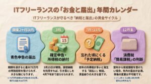 開業時の青色申告から確定申告、予定納税、消費税の判断までを時系列で並べ、ITフリーランスが守るべき税金と各種届出の年間スケジュールを解説したイメージ