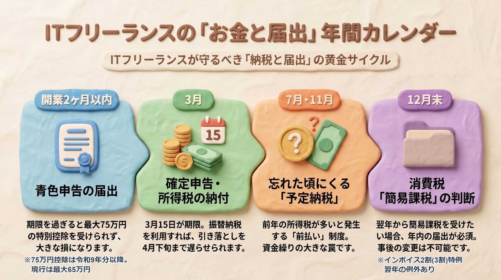 開業時の青色申告から確定申告、予定納税、消費税の判断までを時系列で並べ、ITフリーランスが守るべき税金と各種届出の年間スケジュールを解説したイメージ