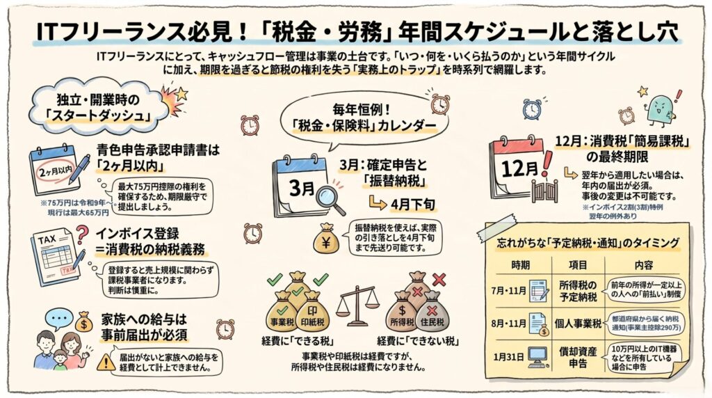 独立時の各種届出から毎年の確定申告、予定納税の時期などを1枚にまとめ、ITフリーランスが注意すべき税金・労務の年間スケジュールと落とし穴を解説した図解