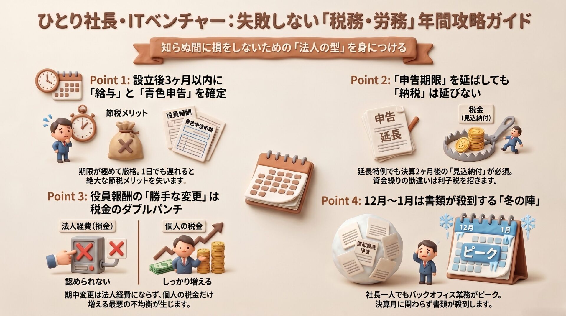 期限を示す時計や罠のモチーフを用い、ひとり社長・ITベンチャー向けの税務・労務年間カレンダーと、役員報酬等の自己判断が招く致命的トラップを解説したイメージ