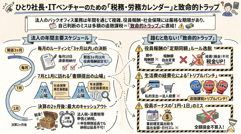 法人の主要な年間スケジュールや、役員報酬変更の罠、生活費の経費化によるトリプルパンチなどの致命的トラップをホワイトボード風にまとめた図解