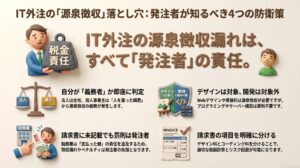 重い税金責任の重りに悩む発注者を描き、IT外注における源泉徴収義務の判定や対象業務の境界線など、発注者が知るべき防衛策を解説したイメージ