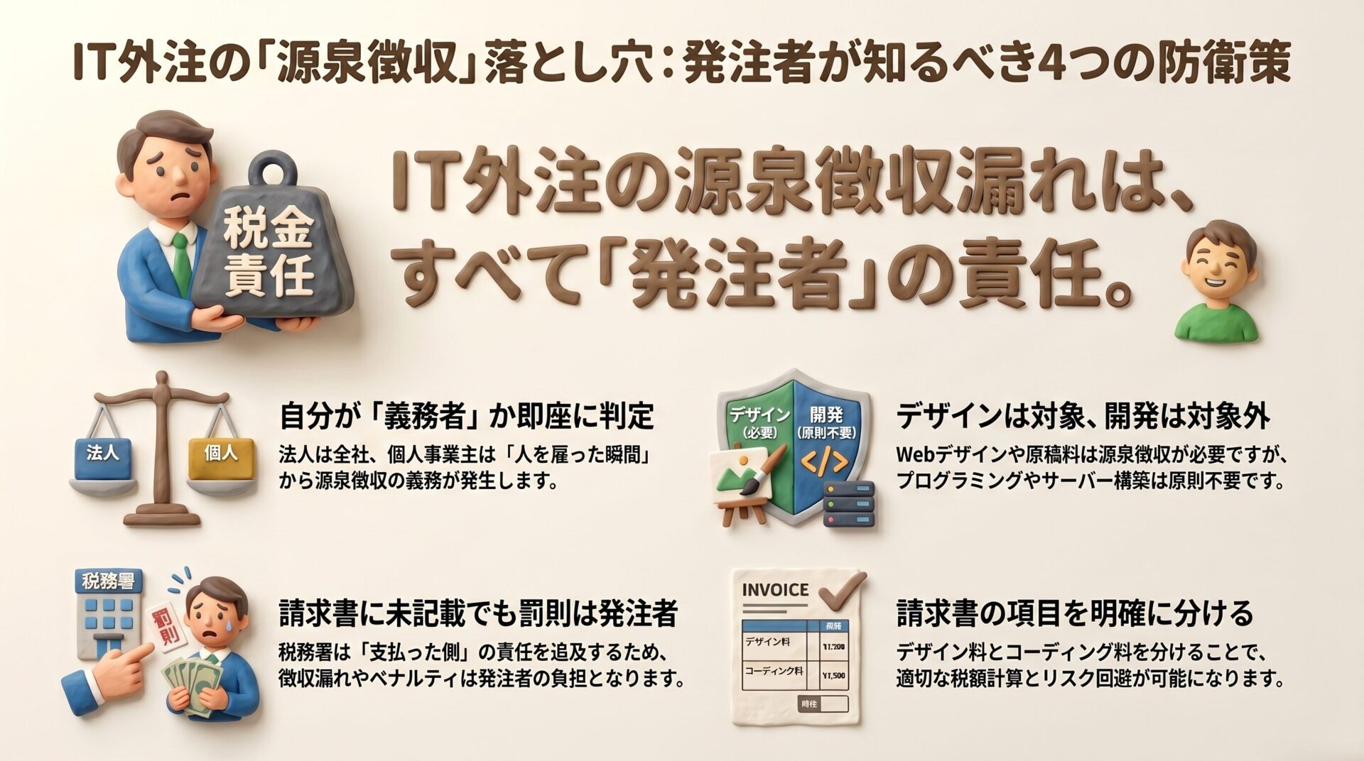 重い税金責任の重りに悩む発注者を描き、IT外注における源泉徴収義務の判定や対象業務の境界線など、発注者が知るべき防衛策を解説したイメージ