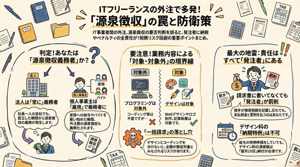 源泉徴収義務者の判定やデザイン・プログラミングの対象境界線、発注者のペナルティ責任など、IT外注における源泉徴収ルールの全体像をホワイトボード風に解説した図解