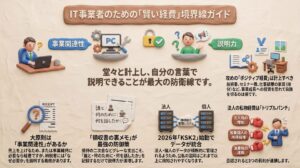 領収書の確認やデータ統合のサーバー、悩む事業者の姿を描き、IT事業者の経費における事業関連性の境界線とKSK2による税務調査対策の重要性を解説したイメージ