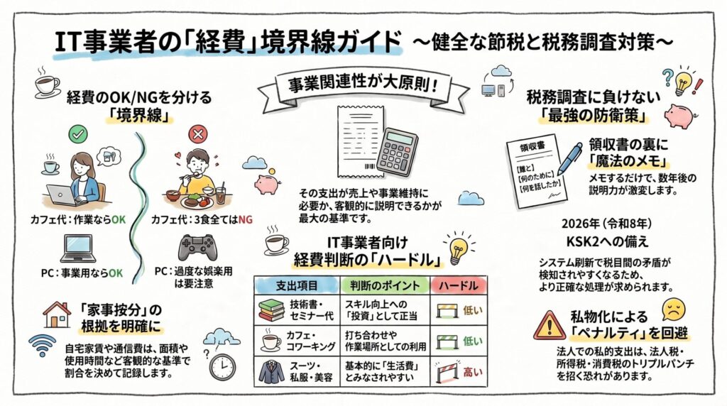 経費のOK・NGの境界線や領収書の裏メモによる防衛策、KSK2への備えと私物化のペナルティについて、ホワイトボード風に解説した図解