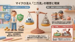 税金と社会保険料を最適化する理想と、激増する事務負担や税務調査リスクなどの現実を天秤にかけ、マイクロ法人の二刀流スキームが抱えるメリットとリスクを解説したイメージ