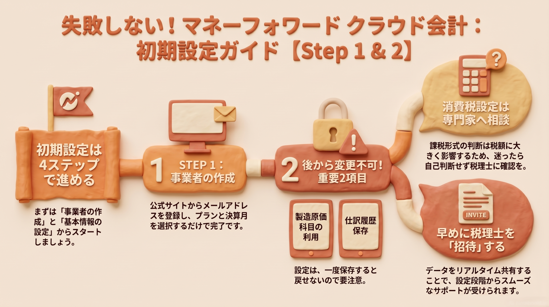 マネーフォワードクラウド会計の初期設定をステップ形式で示し、事業者作成や後から変更できない基本設定、税理士への消費税相談と招待の重要性を解説したイメージ