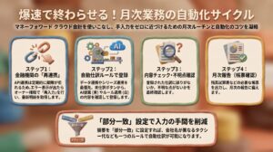 マネーフォワードクラウド会計の月次業務サイクルを4ステップで示し、再連携や自動仕訳ルールを活用して手入力を減らすコツを解説した図解
