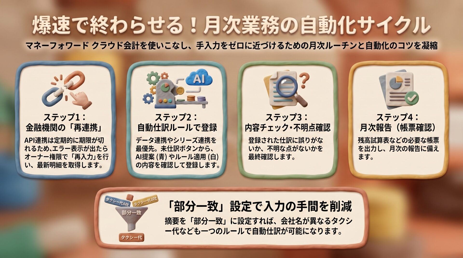 マネーフォワードクラウド会計の月次業務サイクルを4ステップで示し、再連携や自動仕訳ルールを活用して手入力を減らすコツを解説した図解