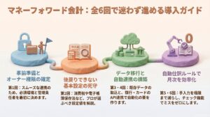 マネーフォワード会計の導入手順を4つのステップで繋ぎ、事前準備からデータ連携、自動仕訳による月次業務の効率化まで、全6回で迷わず進めるための全体像を解説したイメージ