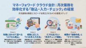 エクセルや電卓での入力、書類チェックの様子を描き、マネーフォワード クラウド会計で月次業務を効率化する「取込・入力・チェック」の極意を解説したイメージ