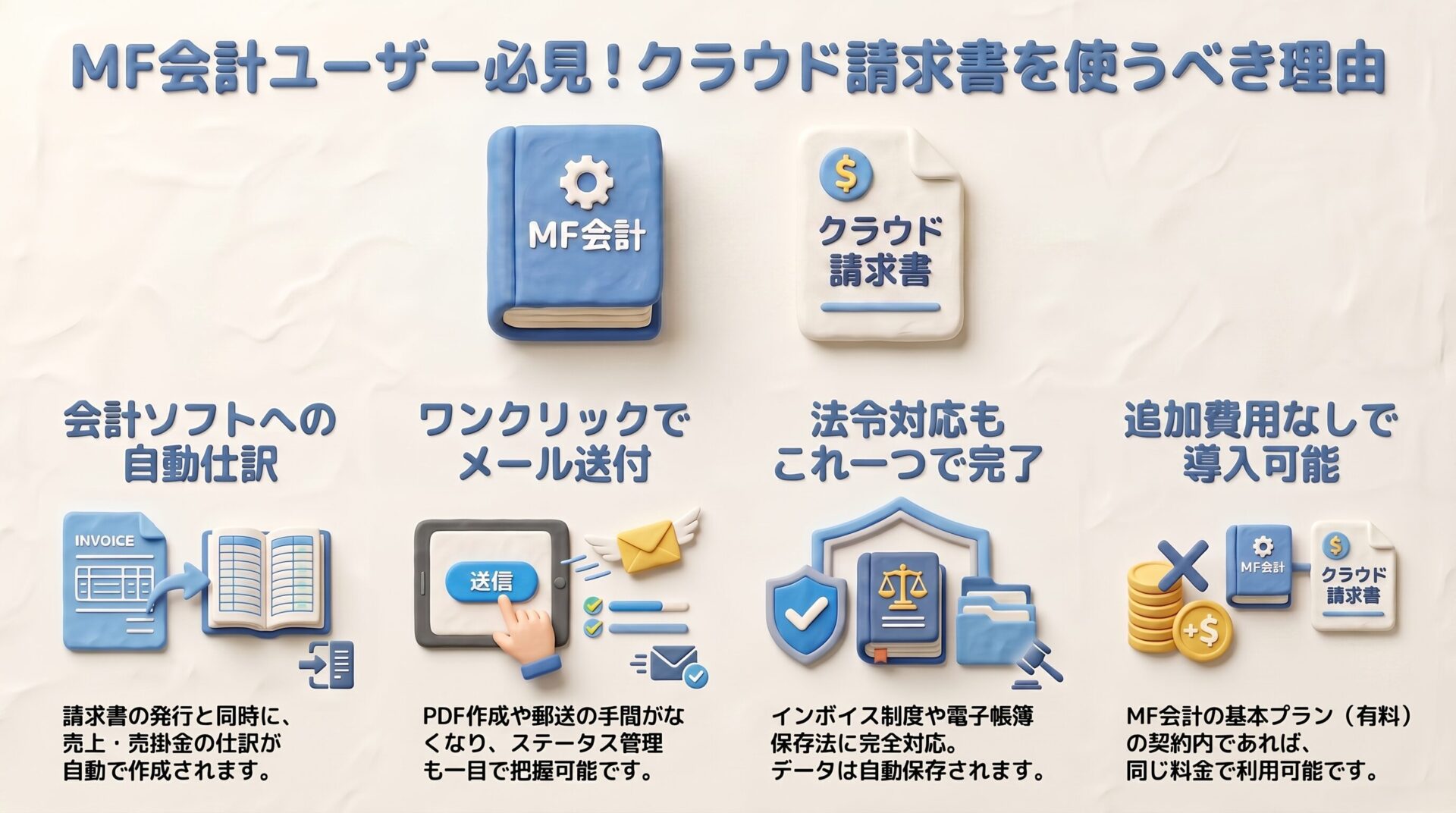 「MF会計ユーザー必見！クラウド請求書を使うべき理由」のアイキャッチ画像。会計ソフトへの自動仕訳、ワンクリックでのメール送付、インボイス制度や電子帳簿保存法などの法令対応、追加費用なしでの導入可能という4つのメリットを解説しています。