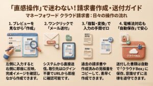 「直感操作で迷わない！請求書作成・送付ガイド」のアイキャッチ画像。マネーフォワード クラウド請求書での日々の操作の流れとして、プレビューを見ながらの作成、ワンクリックでのメール送付、過去データからの複製・変換、クラウドBox自動保存による電帳法対応を図解しています。