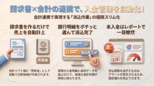 「請求書×会計の連携で、入金管理を自動化！」のアイキャッチ画像。会計連携による消込作業の極限スリム化として、請求書作成による売上自動計上、銀行明細からの消込完了、レポートでの未入金確認のフローを図解しています。