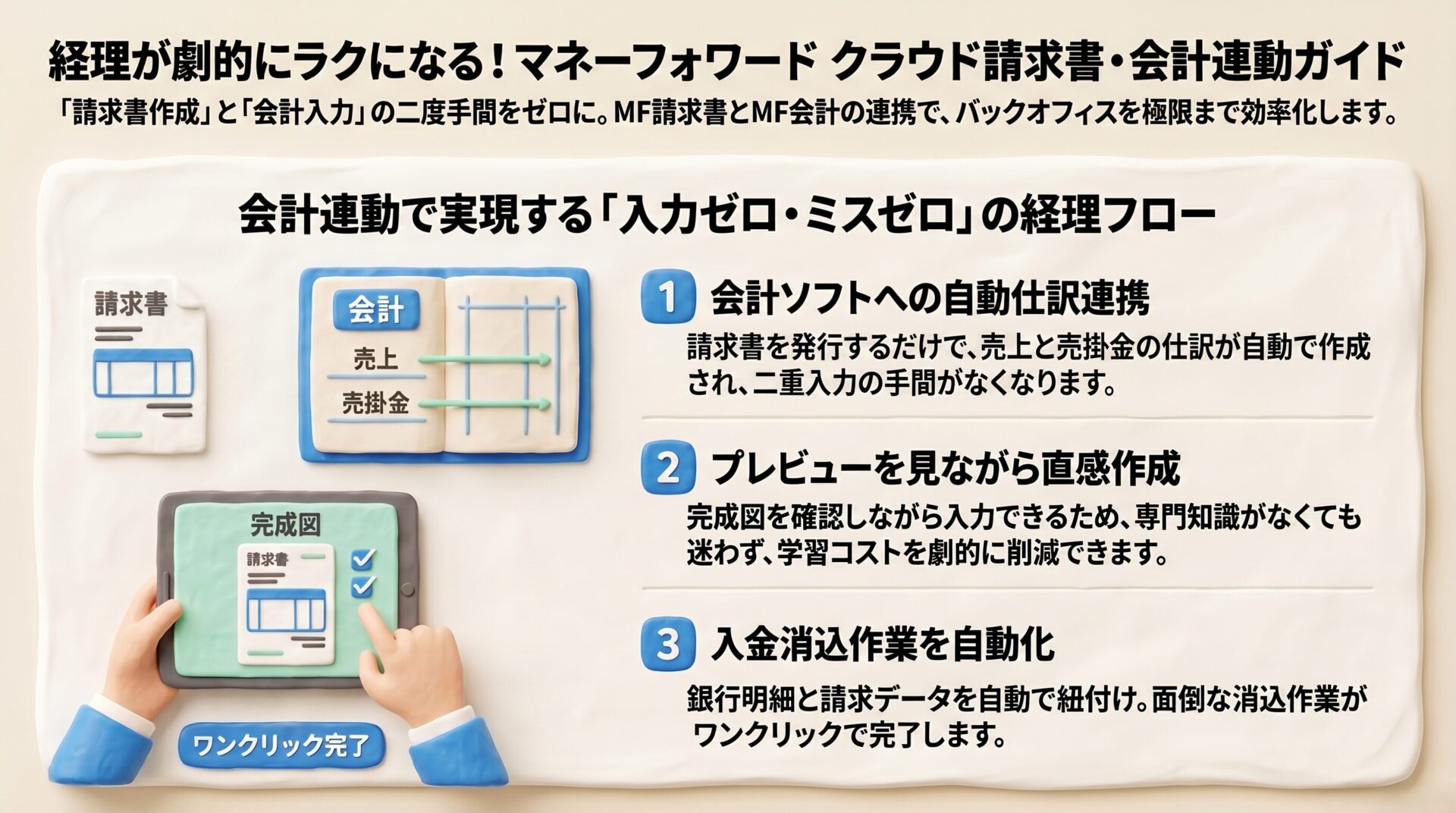 「経理が劇的にラクになる！マネーフォワード クラウド請求書・会計連動ガイド」のアイキャッチ画像。会計ソフトへの自動仕訳連携、プレビューを見ながらの直感作成、入金消込作業の自動化によって実現する「入力ゼロ・ミスゼロ」の経理フローを図解しています。