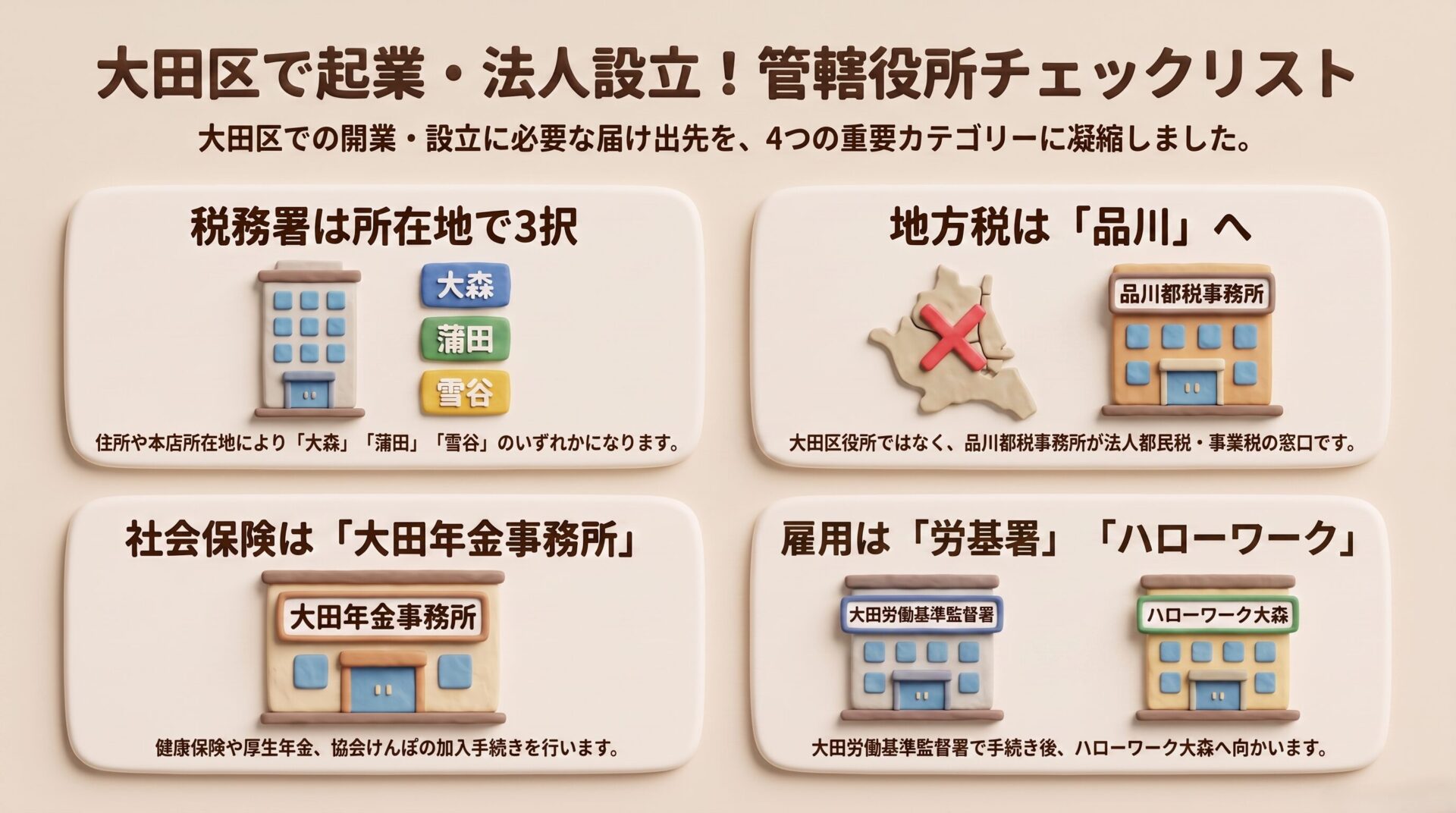 大田区で起業・法人設立する際の管轄役所チェックリスト（税務署、品川都税事務所、大田年金事務所、労働基準監督署・ハローワーク）