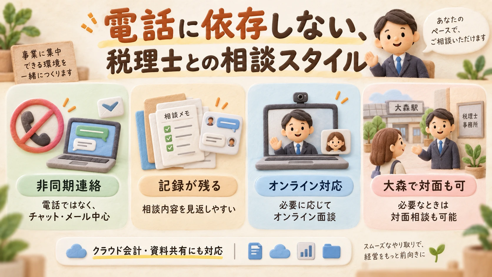 チャット等の非同期連絡を基本とし、クラウド会計やオンライン面談、必要に応じた対面相談を組み合わせる山城登久二税理士事務所の連絡方針を示した図解