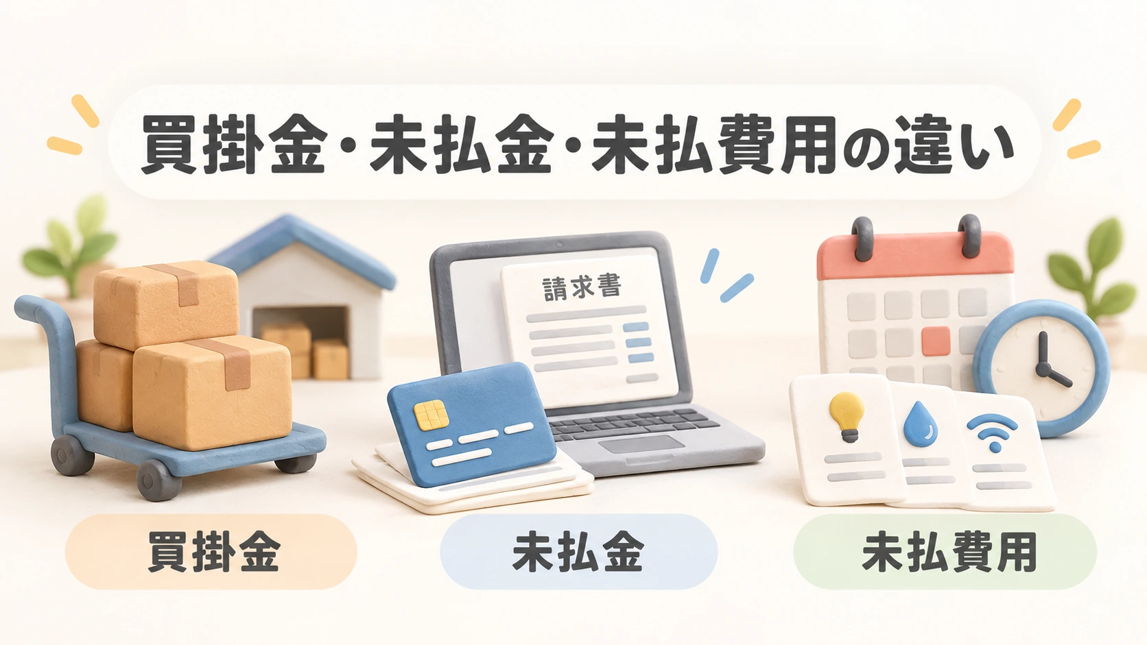 買掛金・未払金・未払費用の違いを、箱・請求書・カレンダーなどのモチーフと見出し付きで3分類して示したクレイ風のアイキャッチ画像