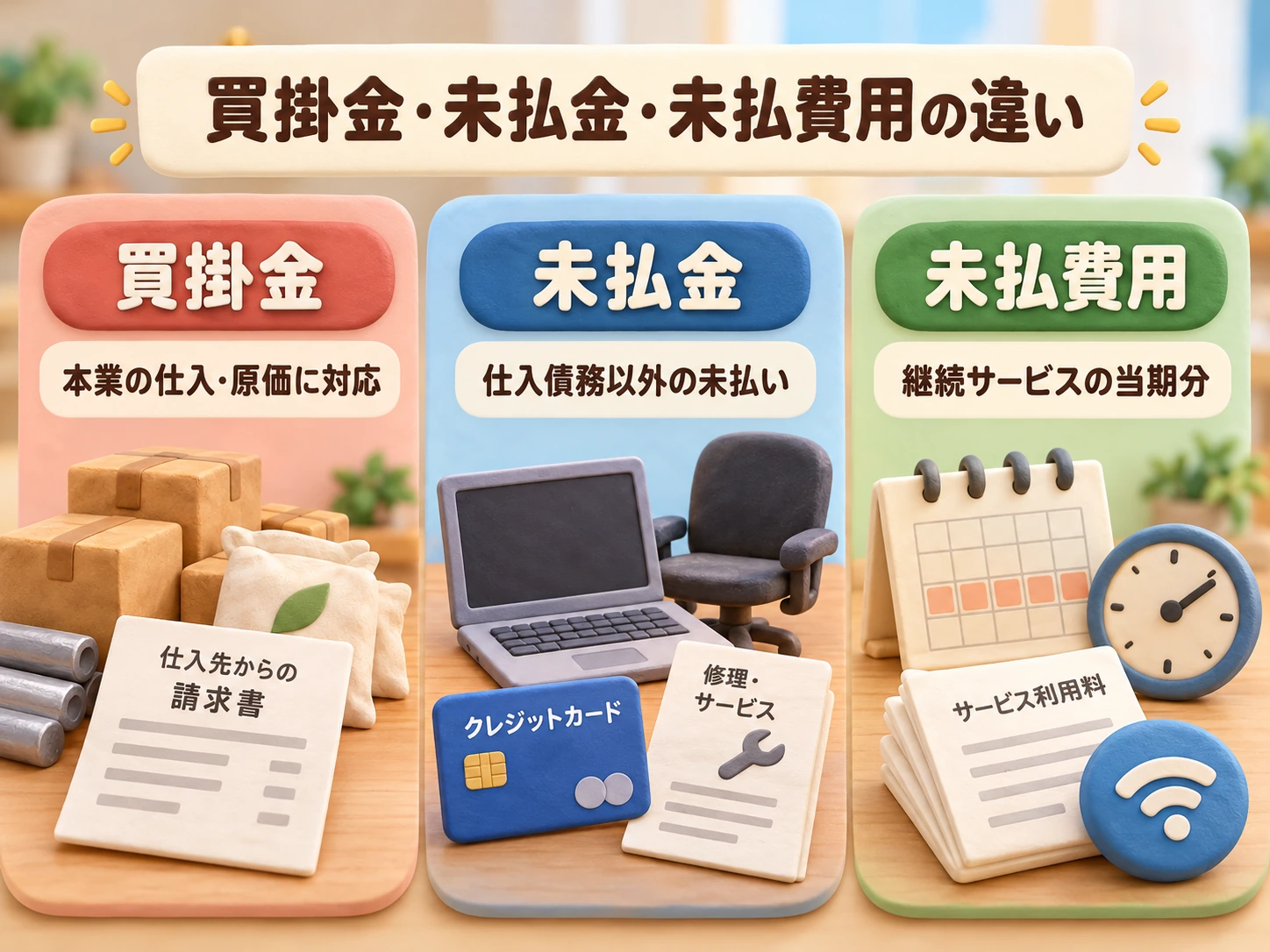 買掛金・未払金・未払費用の違いを3分類でやわらかく整理した説明画像