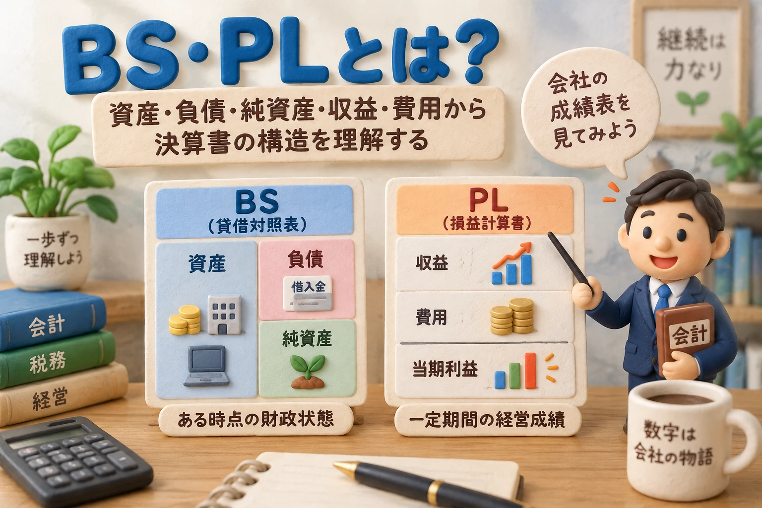 貸借対照表と損益計算書を並べ、資産・負債・純資産と収益・費用の関係を確認する人物のクレイ風イラスト