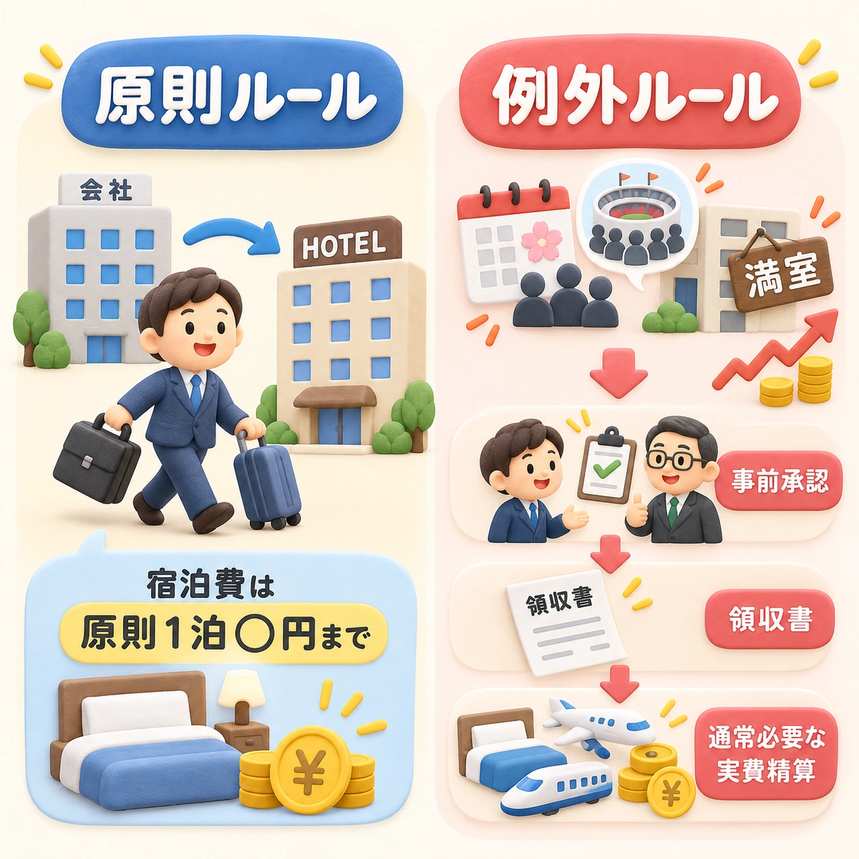 旅費規程の原則ルールと例外ルールのイメージ
