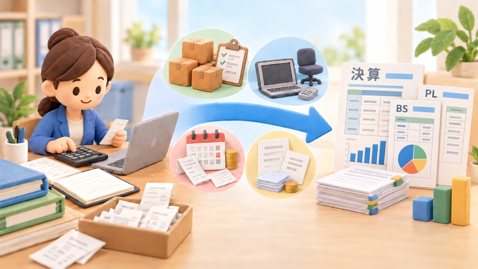 日常の仕訳から棚卸・減価償却・未払費用などの決算整理を経て決算書へつながる流れを表したクレイ風のイラスト