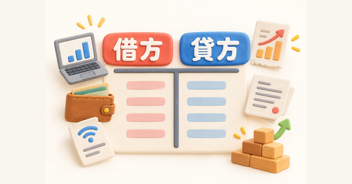 「借方」「貸方」の見出しとT字勘定、財布・通信・請求書・グラフなどを配したクレイ風の会計図解