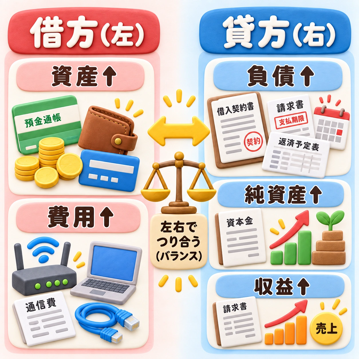 借方(左)には資産・費用の増加、貸方(右)には負債・純資産・収益の増加を配置したクレイ風の会計図解