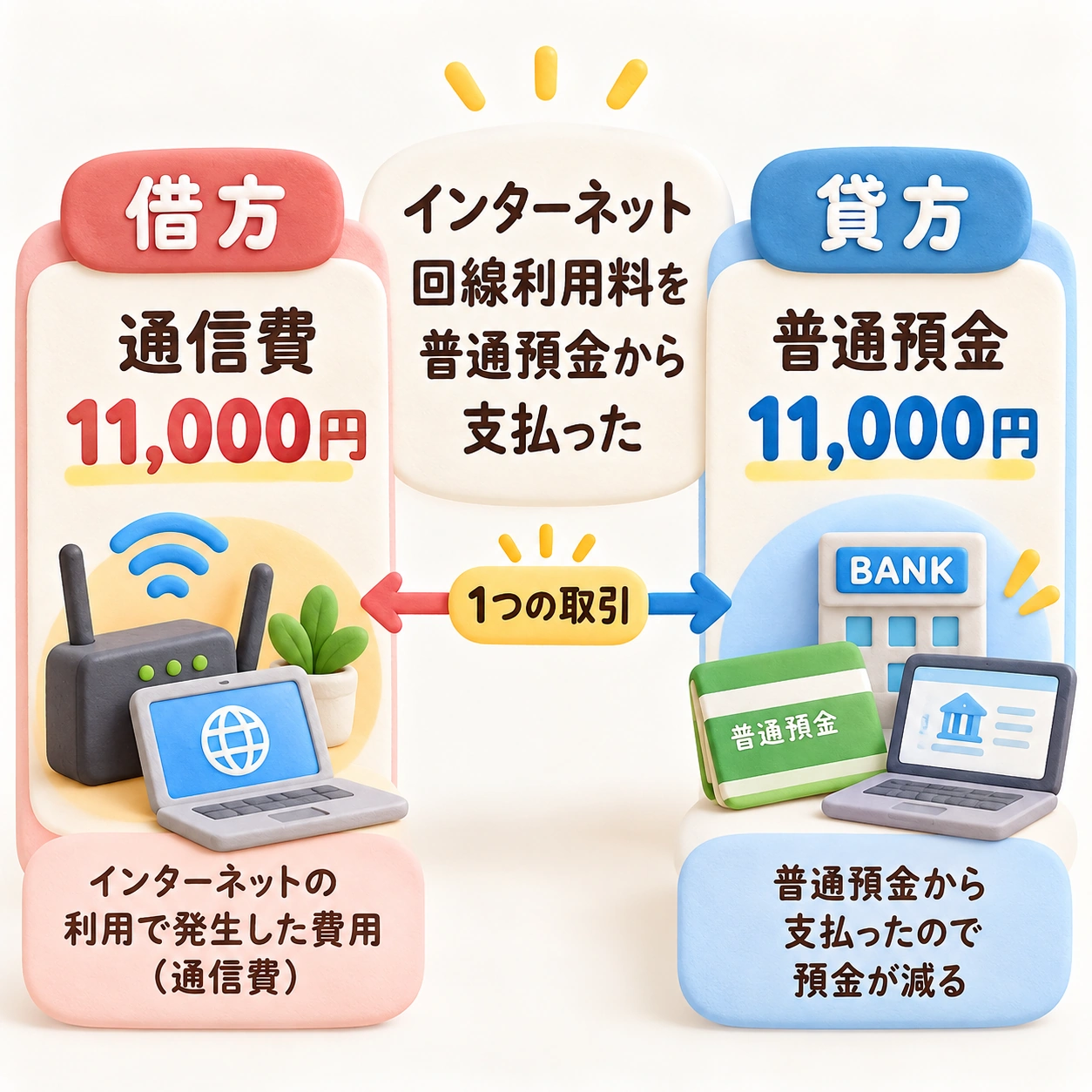 インターネット回線利用料11,000円を通信費として借方、普通預金の減少として貸方に記録する仕訳を示したクレイ風図解