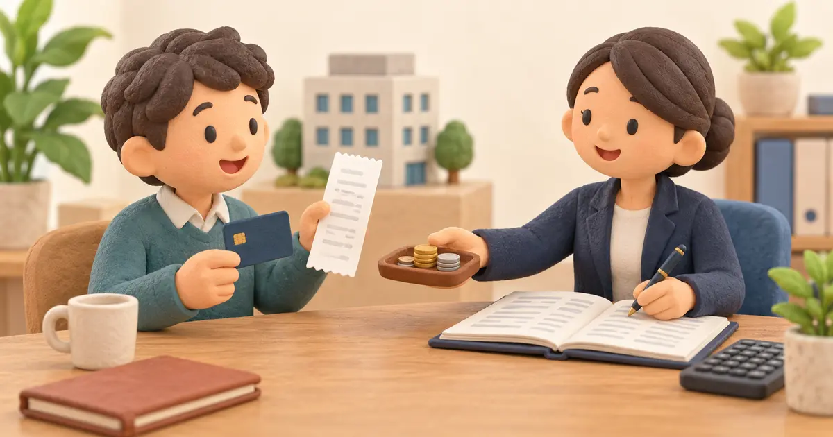 会社経費を個人払いした従業員と、領収書を確認して精算する会社担当者のクレイ風イラスト