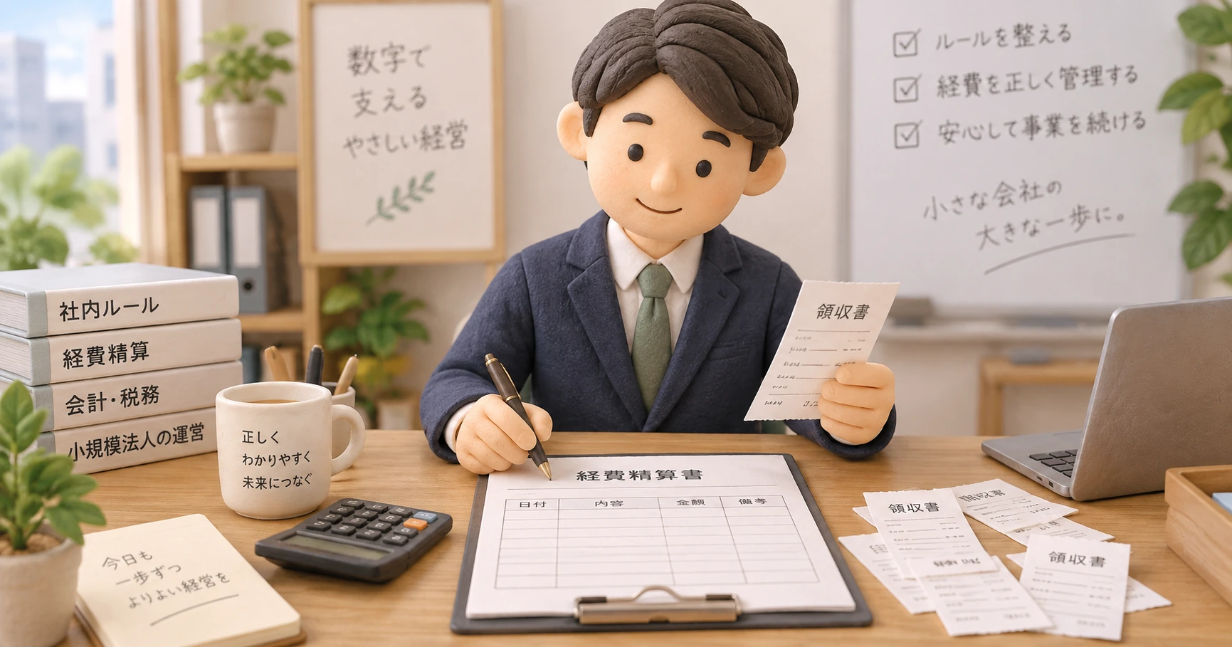 領収書と経費精算書を確認しながら申請・承認・精算を進める小規模法人の経理業務を表したイラスト