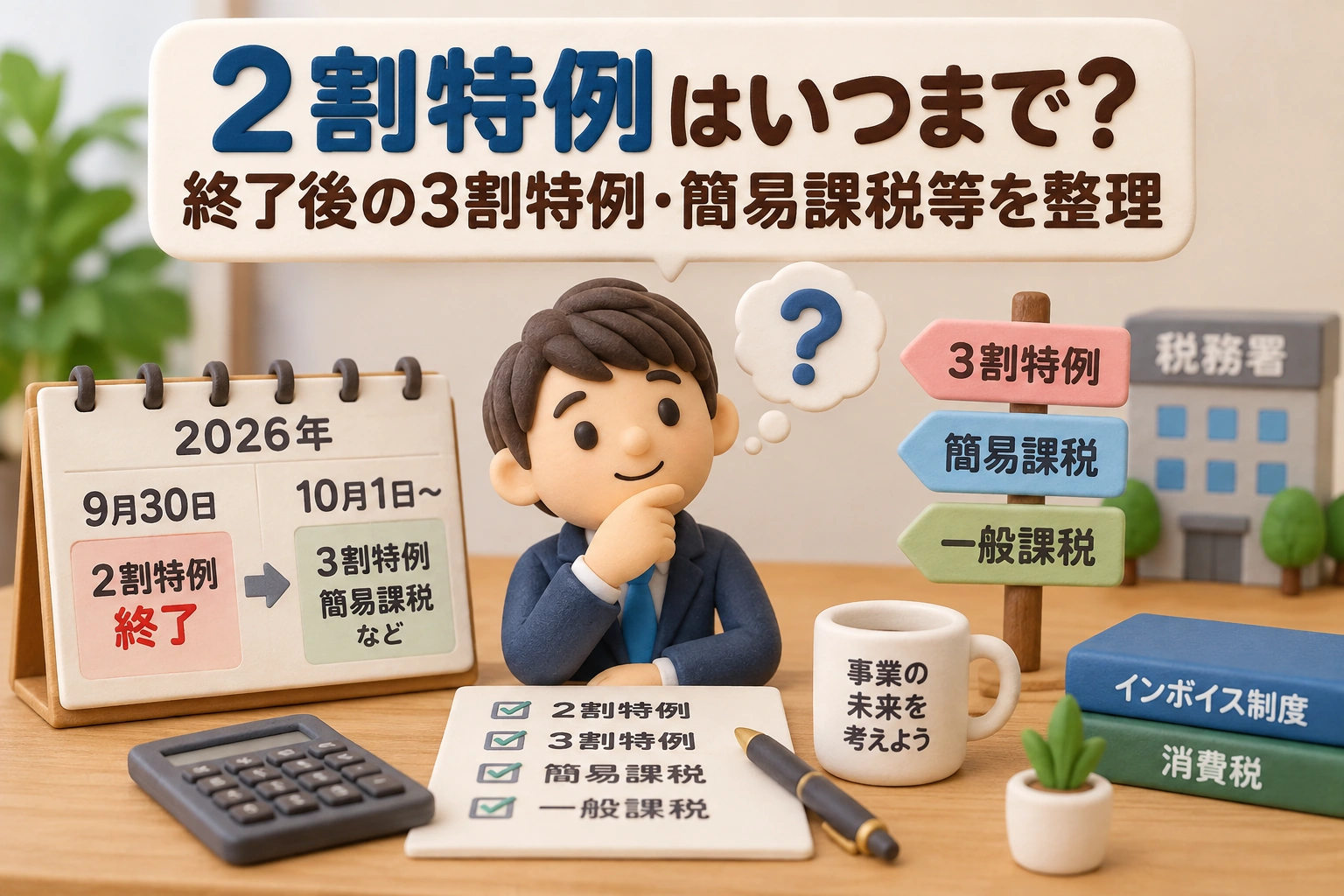 2割特例から3割特例・簡易課税への移行を、個人事業者と法人の違いとともに示す図解