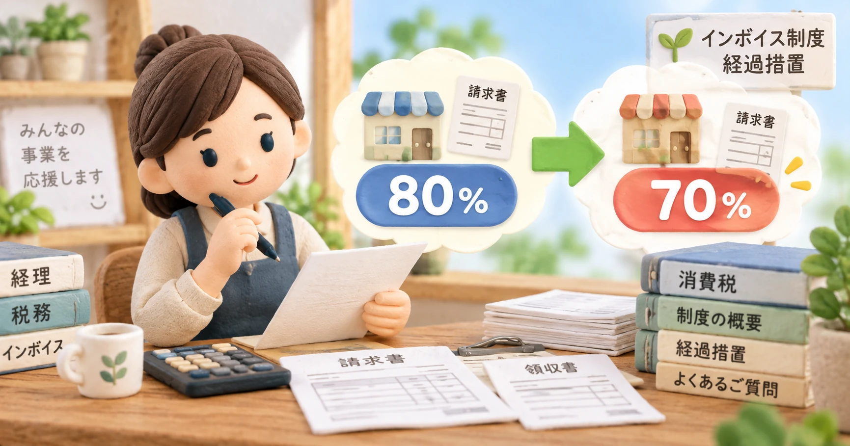 80%から70%への変更を示す資料と請求書を前に、確認作業をする事業者を描いたクレイ風イラスト