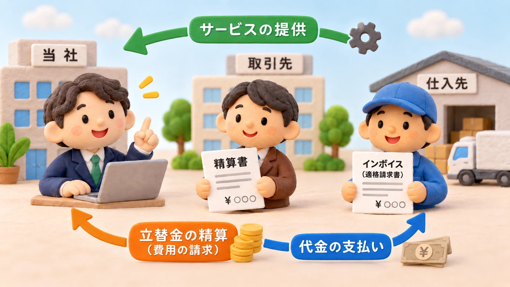 当社A、立替払いする会社B、実際の仕入先Cの三者関係を示し、Cから当社へサービスが提供され、BがCへ代金を立て替え、当社がBへ精算する流れを表したクレイ風イラスト