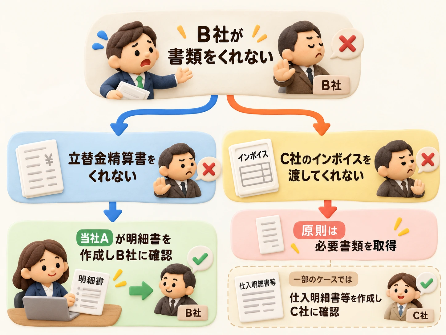 B社が立替金精算書を作らない場合と、C社のインボイスを取得できない場合の対応を分けたフローチャート