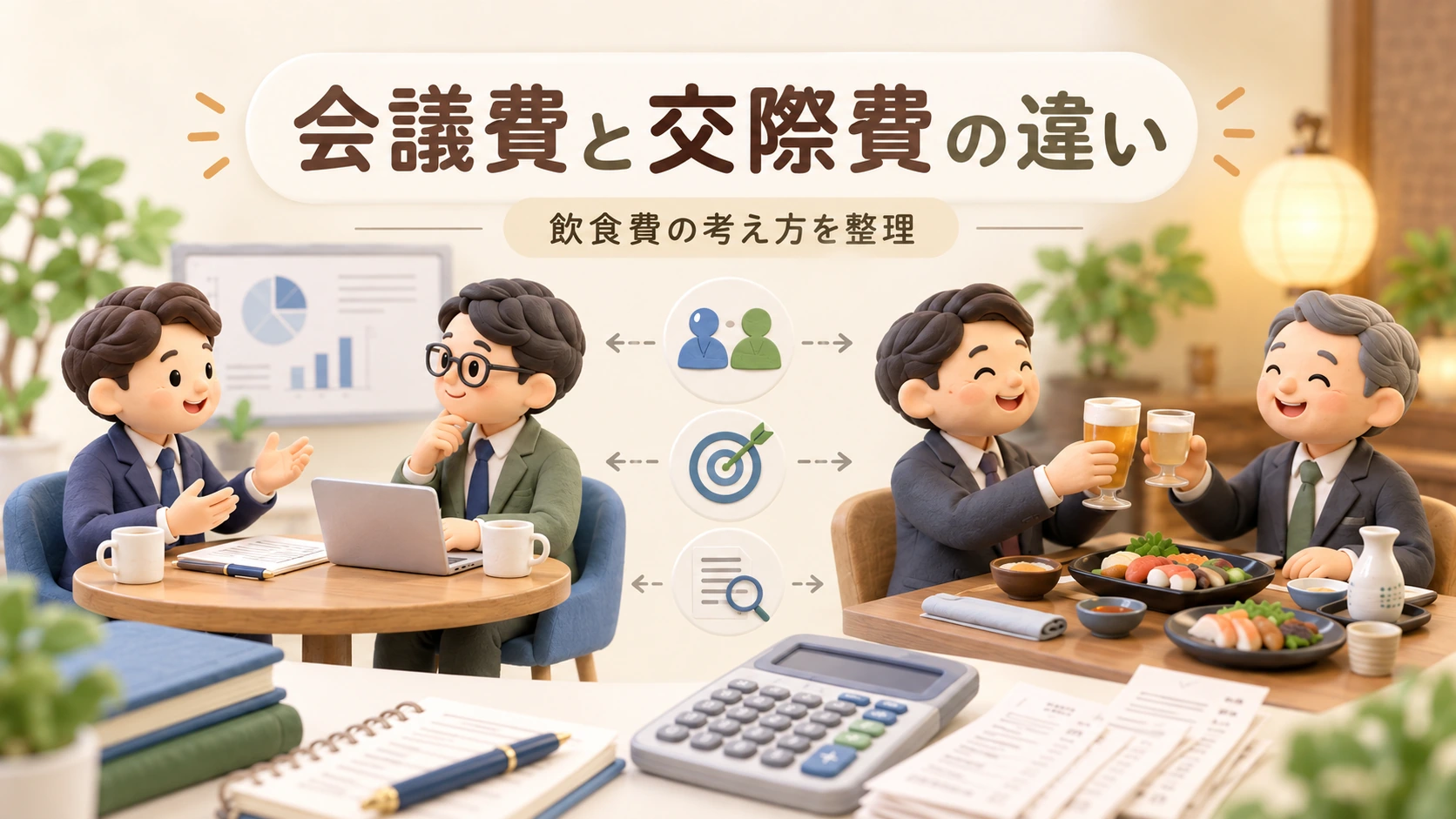 会議での打合せと取引先との会食を対比し、会議費と交際費の違いを表したクレイ風イラスト