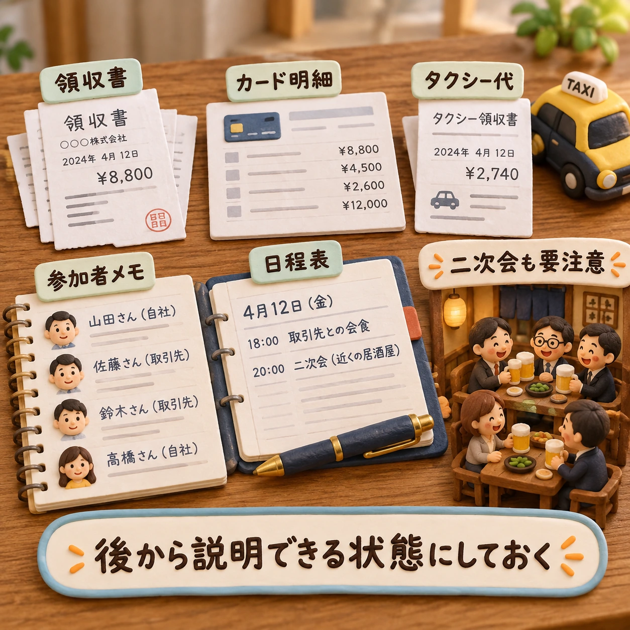 領収書、カード明細、参加者メモ、日程表、タクシー代など、会食や二次会について後から説明できる記録を残す重要性を示したクレイ風図解